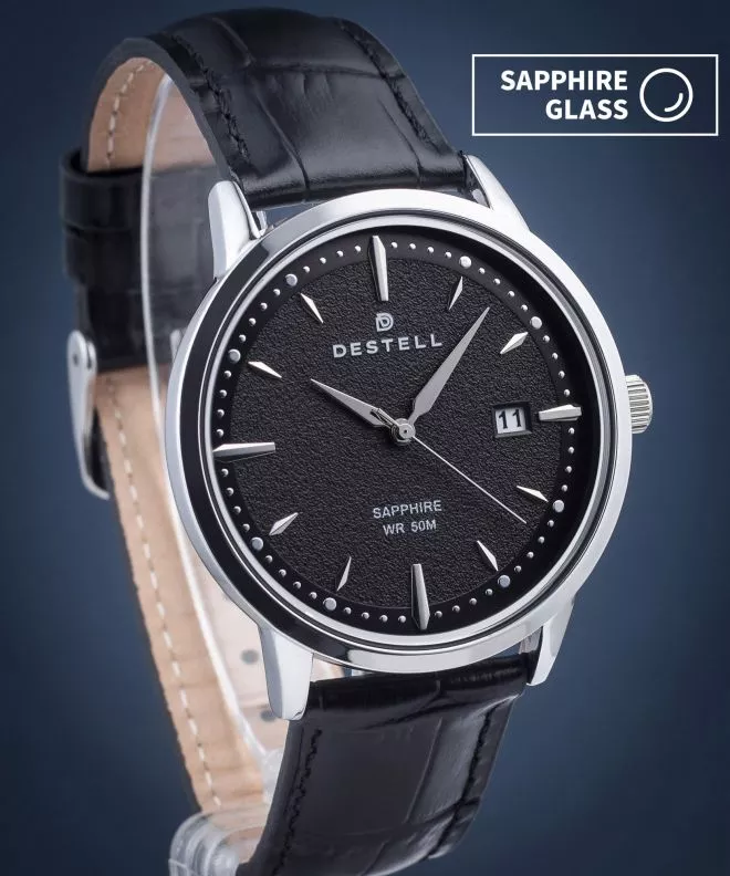 Hodinky DESTELL Pictor Black Silver Leather Sapphire PT405-15-201L
