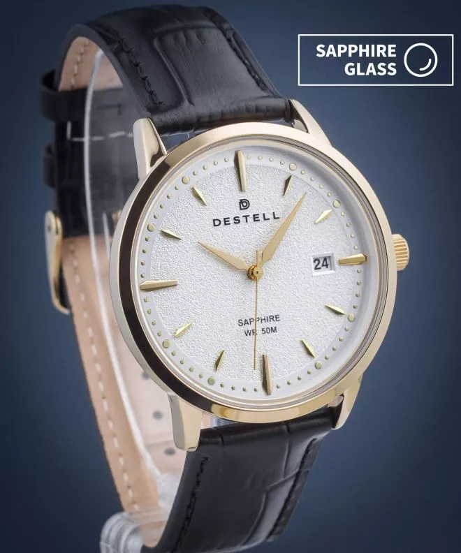 Hodinky DESTELL Pictor Silver Gold Black Leather Sapphire PT404-55-201L