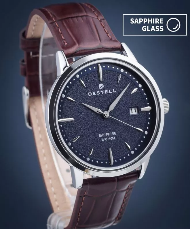 Hodinky DESTELL Pictor Blue Silver Brown Leather Sapphire PT405-35-209L
