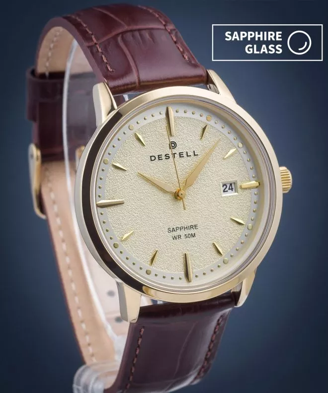 Hodinky DESTELL Pictor Gold Brown Leather Sapphire PT404-44-209L