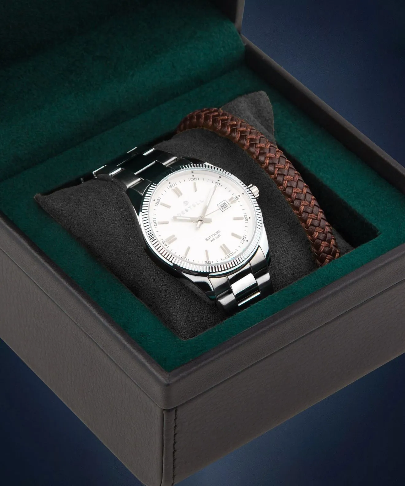 Hodinky pánské DESTELL Loup White Silver Steel Sapphire Gift Set LU3855-25-205S-1520-03