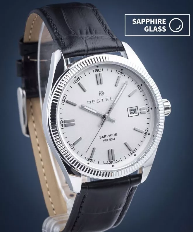 Hodinky DESTELL Loup White Silver Black Leather Sapphire LU3855-25-201L