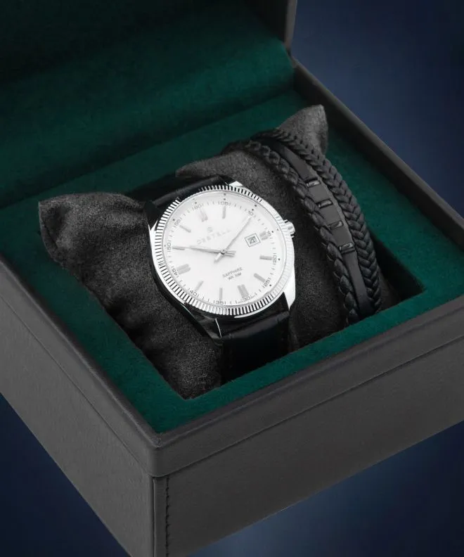 Hodinky pánské DESTELL Loup White Silver Black Leather Sapphire Gift Set LU3855-25-201L-1120-04