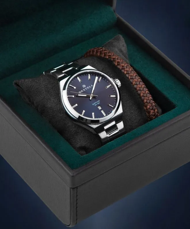 Hodinky pánské DESTELL Aries Navy Blue Silver Steel Sapphire Gift Set AR405-35-205S-9520-02