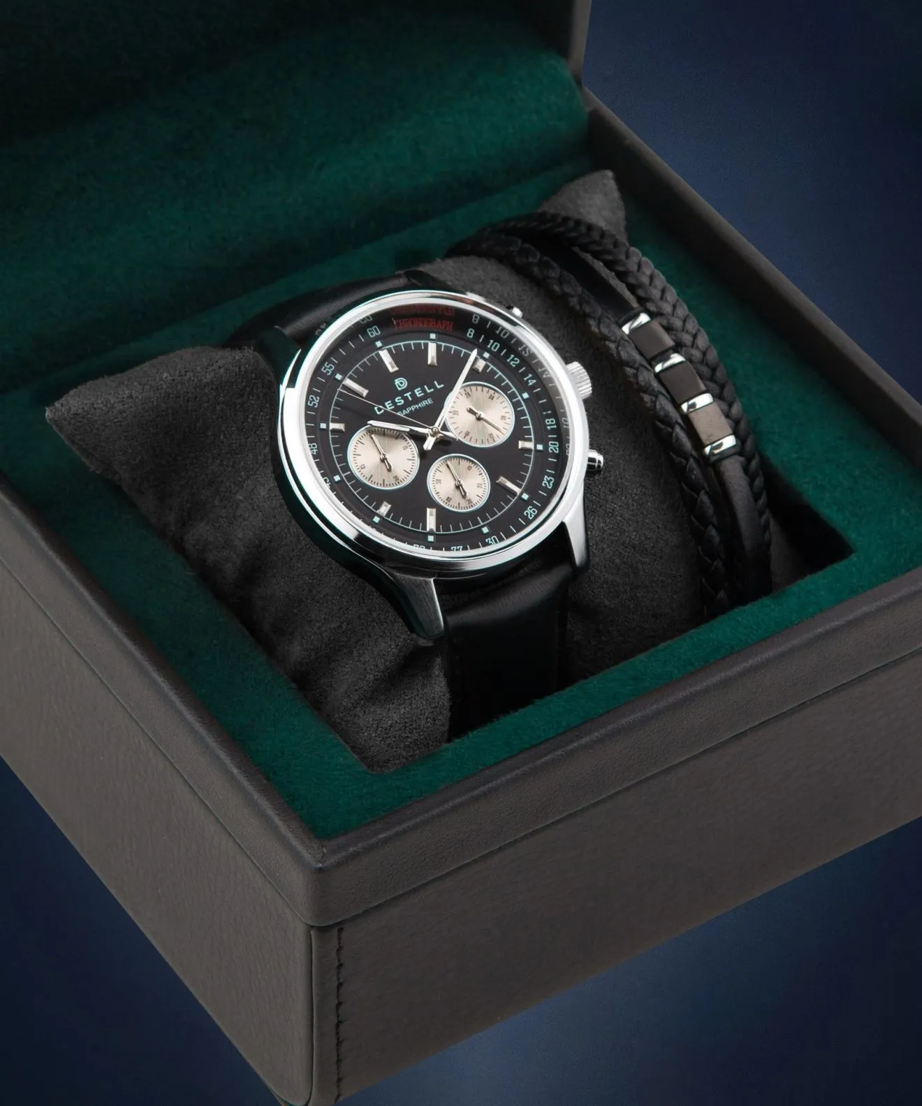 Hodinky pánské DESTELL Circinus Black Silver Leather Chronograph Sapphire Gift Set CR415-15-201L-1520-03