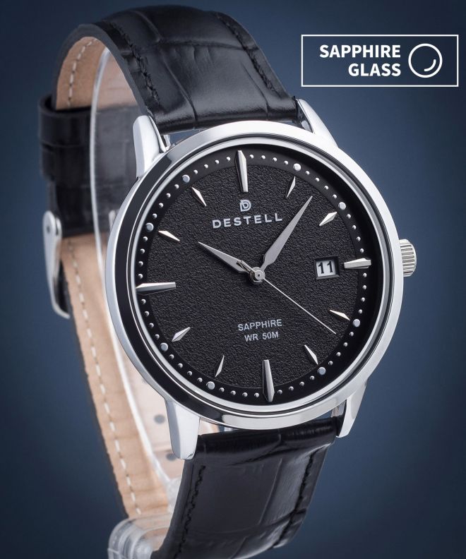 Hodinky DESTELL Pictor Black Silver Leather Sapphire PT405-15-201L