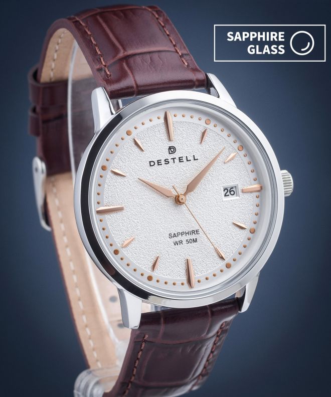 Hodinky DESTELL Pictor Silver Brown Leather Sapphire PT405-57-209L
