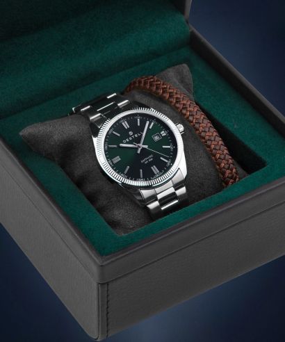 Hodinky pánské DESTELL Loup Green Silver Steel Sapphire Gift Set