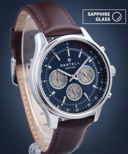 Hodinky DESTELL Circinus Navy Blue Silver Brown Leather Chronograph Sapphire