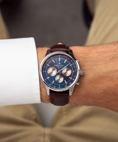 Hodinky DESTELL Circinus Navy Blue Silver Brown Leather Chronograph Sapphire