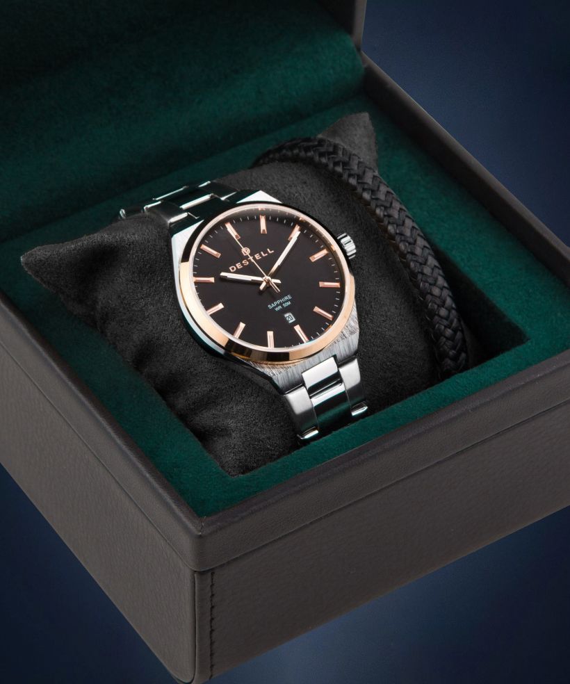 Hodinky pánské DESTELL Aries Black Silver Steel Sapphire Gift Set