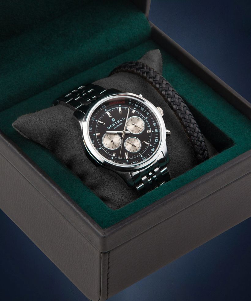 Hodinky pánské DESTELL Circinus Black Silver Steel Chrono Sapphire Gift Set