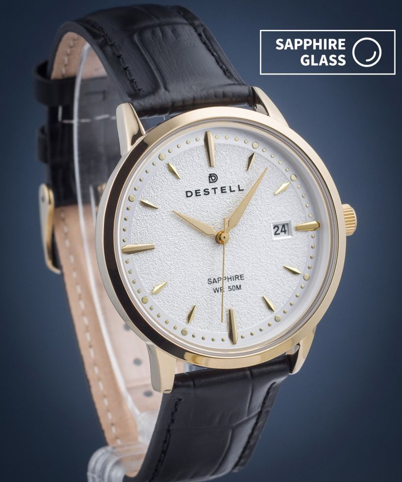 Hodinky DESTELL Pictor Silver Gold Black Leather Sapphire