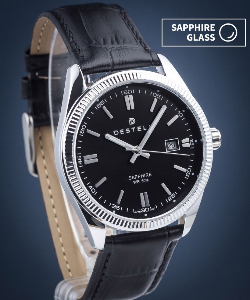 Hodinky DESTELL Loup Black Silver Leather Sapphire