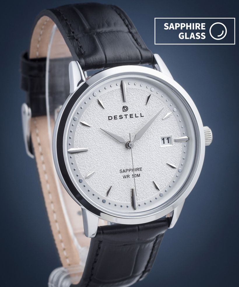Hodinky DESTELL Pictor Silver Black Leather Sapphire