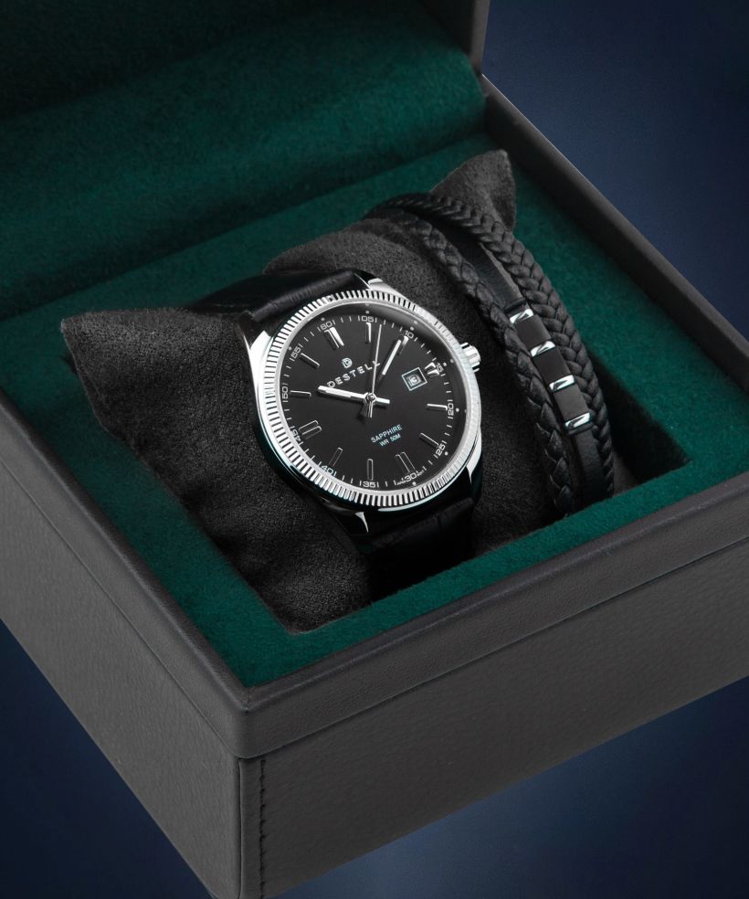Hodinky pánské DESTELL Loup Black Silver Leather Sapphire Gift Set