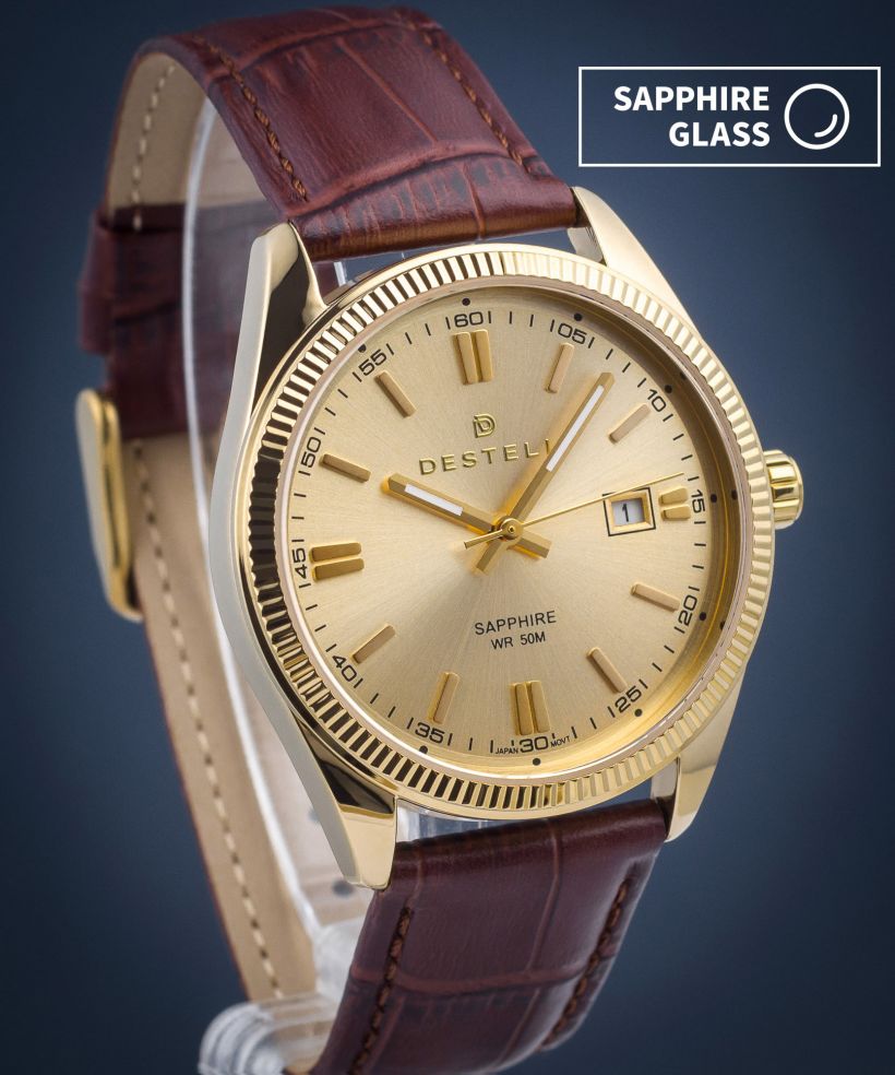 Hodinky DESTELL Loup Gold Brown Leather Sapphire