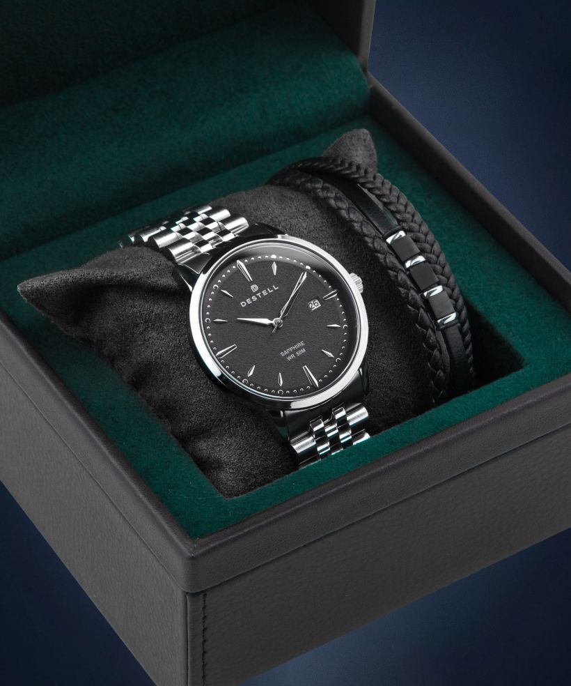 Hodinky pánské DESTELL Pictor Black Silver Steel Sapphire Gift Set