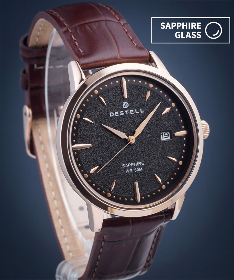 Hodinky DESTELL Pictor Black Rose Gold Brown Leather Sapphire