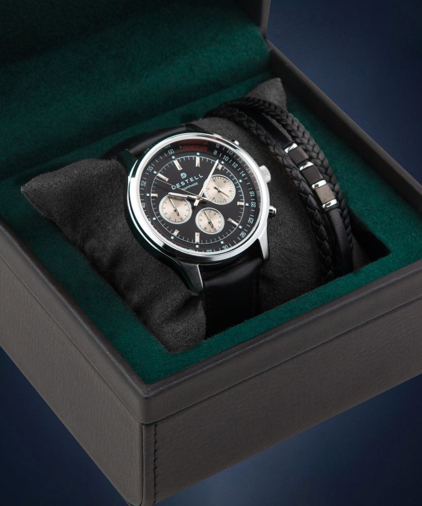 Hodinky pánské DESTELL Circinus Black Silver Leather Chronograph Sapphire Gift Set