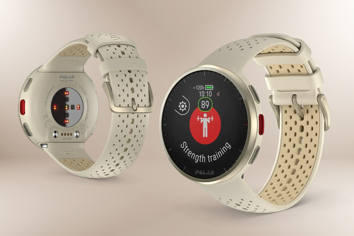 Sportovní hodinky Polar Pacer Pro prachově zlatá přední strana a senzor