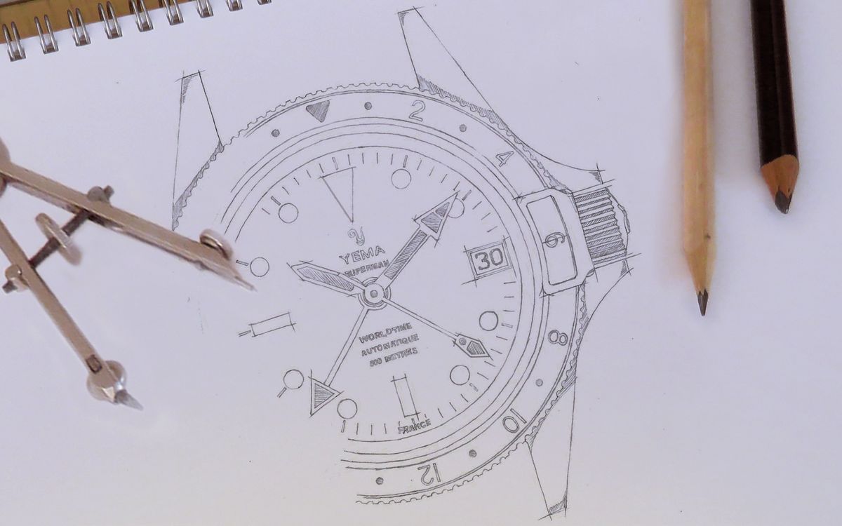 Náčrtek hodinek Yema Superman 500 Dato