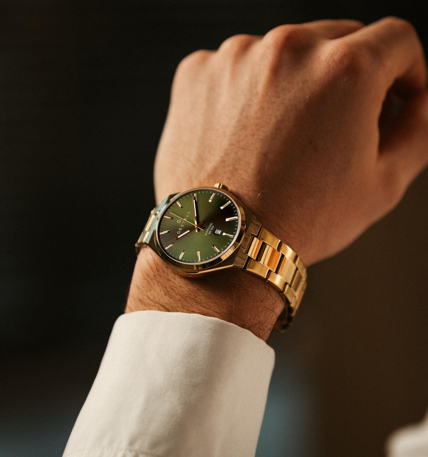 Hodinky DESTELL Aries Green Gold Steel Sapphire