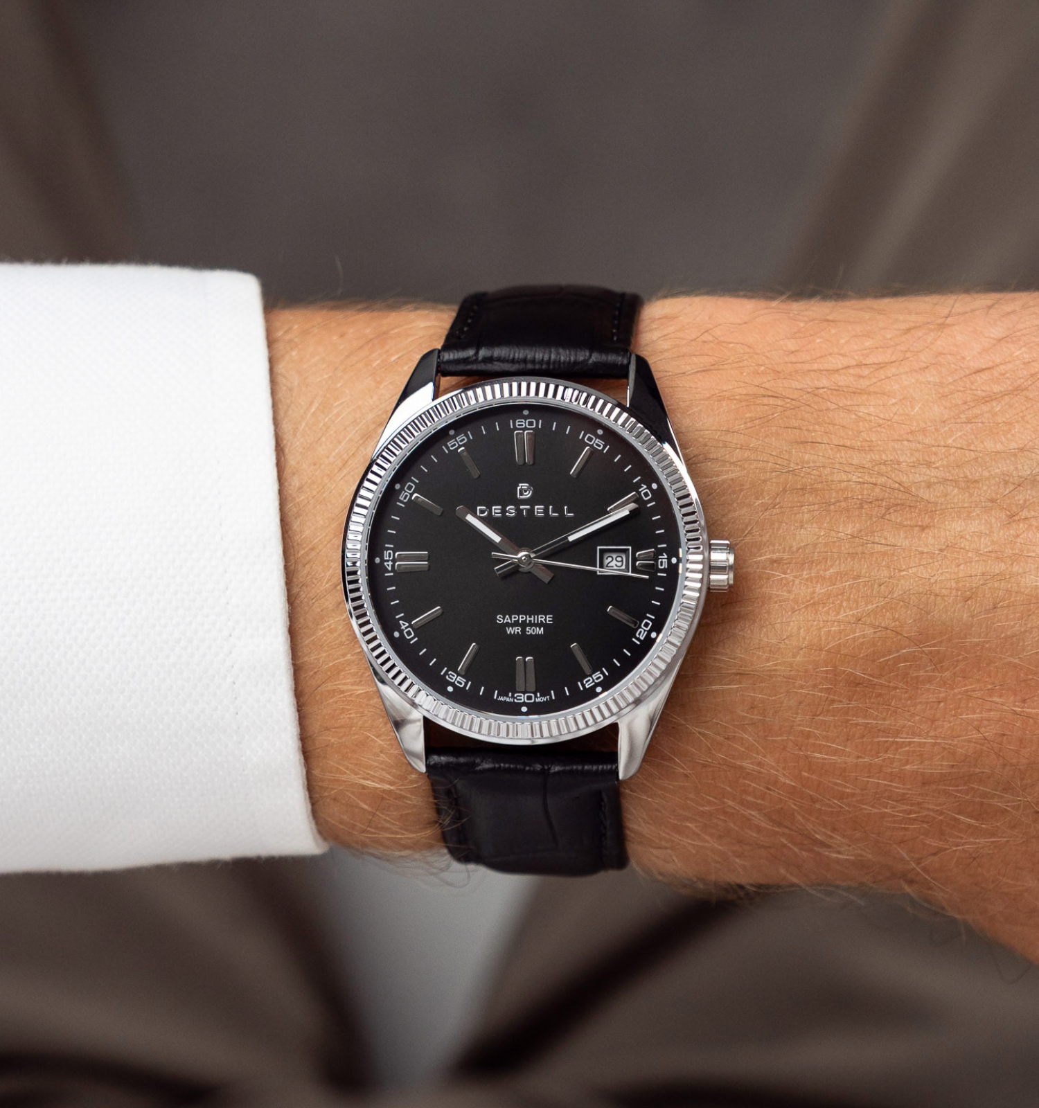 Hodinky DESTELL Loup Black Silver Leather Sapphire