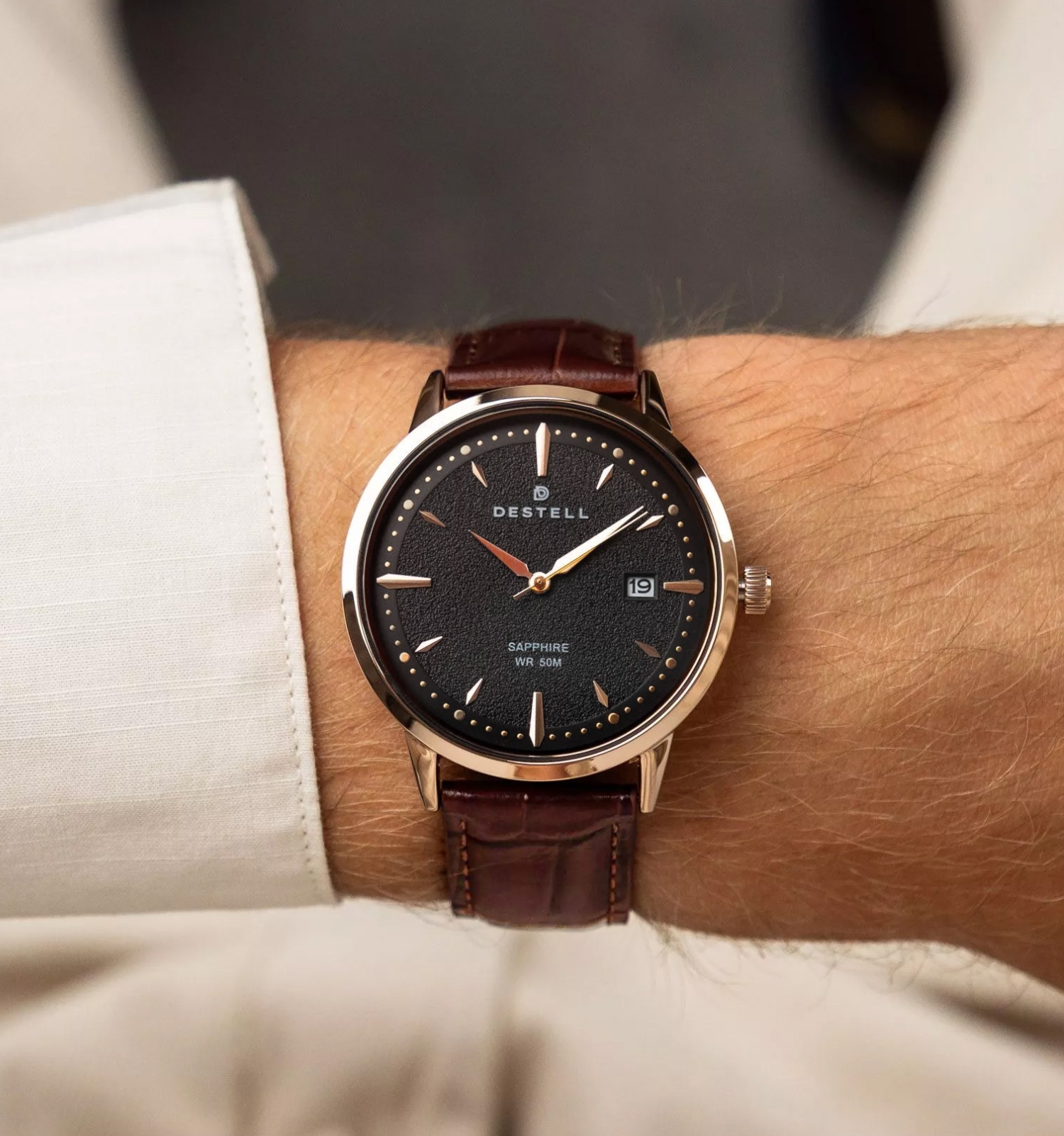 Hodinky DESTELL Pictor Black Rose Gold Brown Leather Sapphire